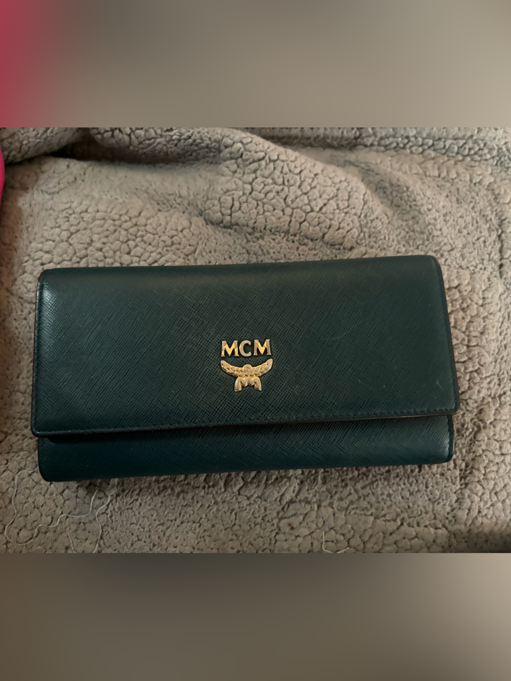 MCM Green Leather Trifold Wallet with Gold Emblem